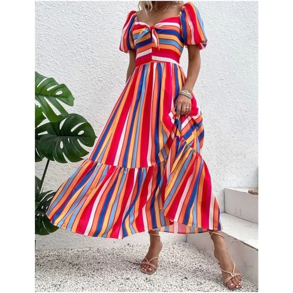 Boho Multicolor Stripes Puff Sleeve Maxi Dress - Picture 4 of 5
